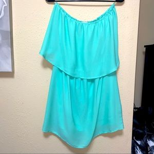 Bright Blue Flowy Strapless Mini Dress! Perfect for a cruise!